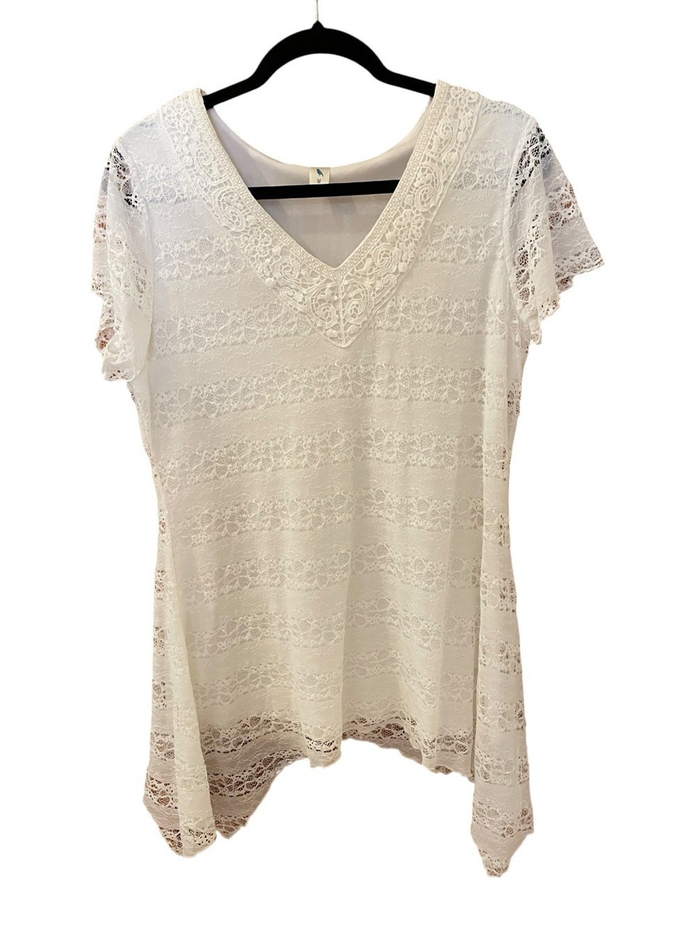 Bella Bird White Lace Asymmetrical Tunic Top V-Neck Flowing Bohemian Versatile